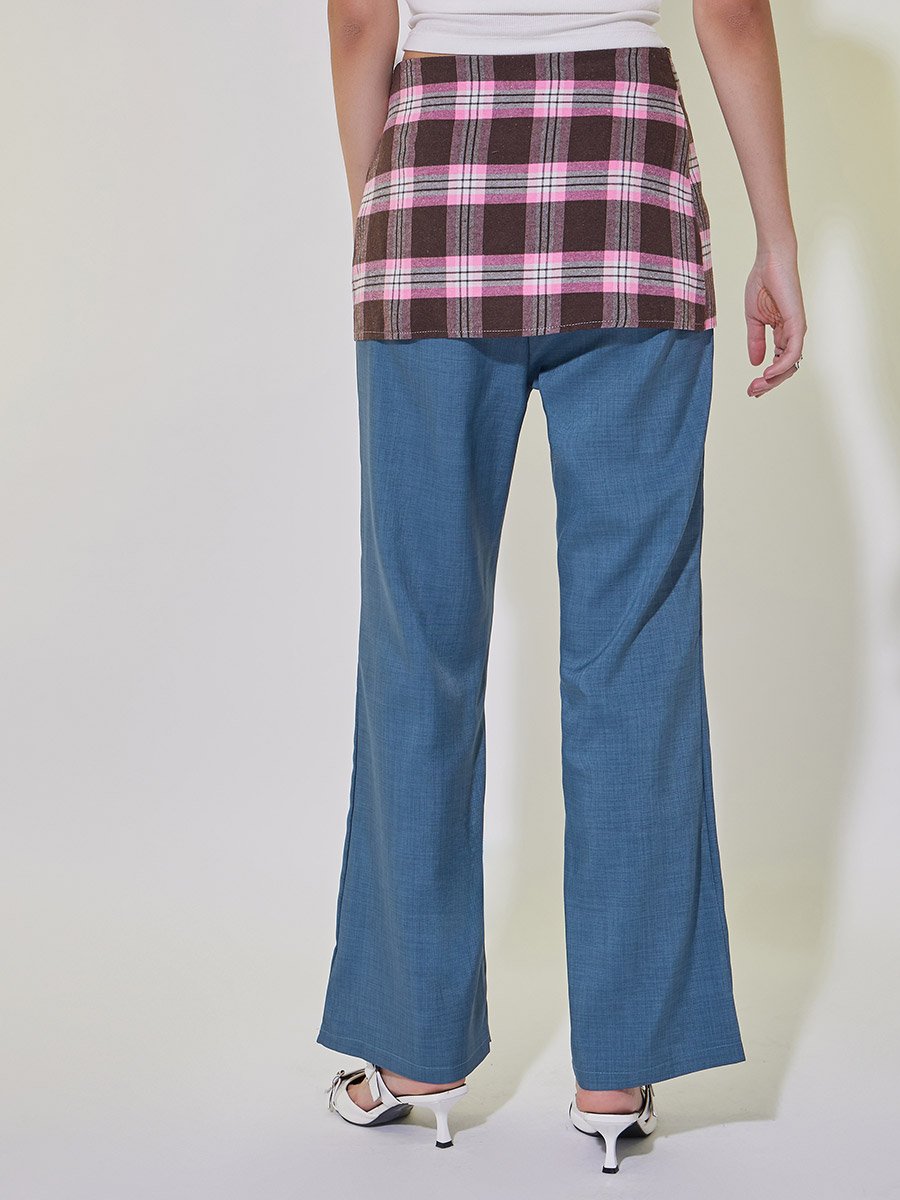 Checked Waist Tie-Up Overlay Pants