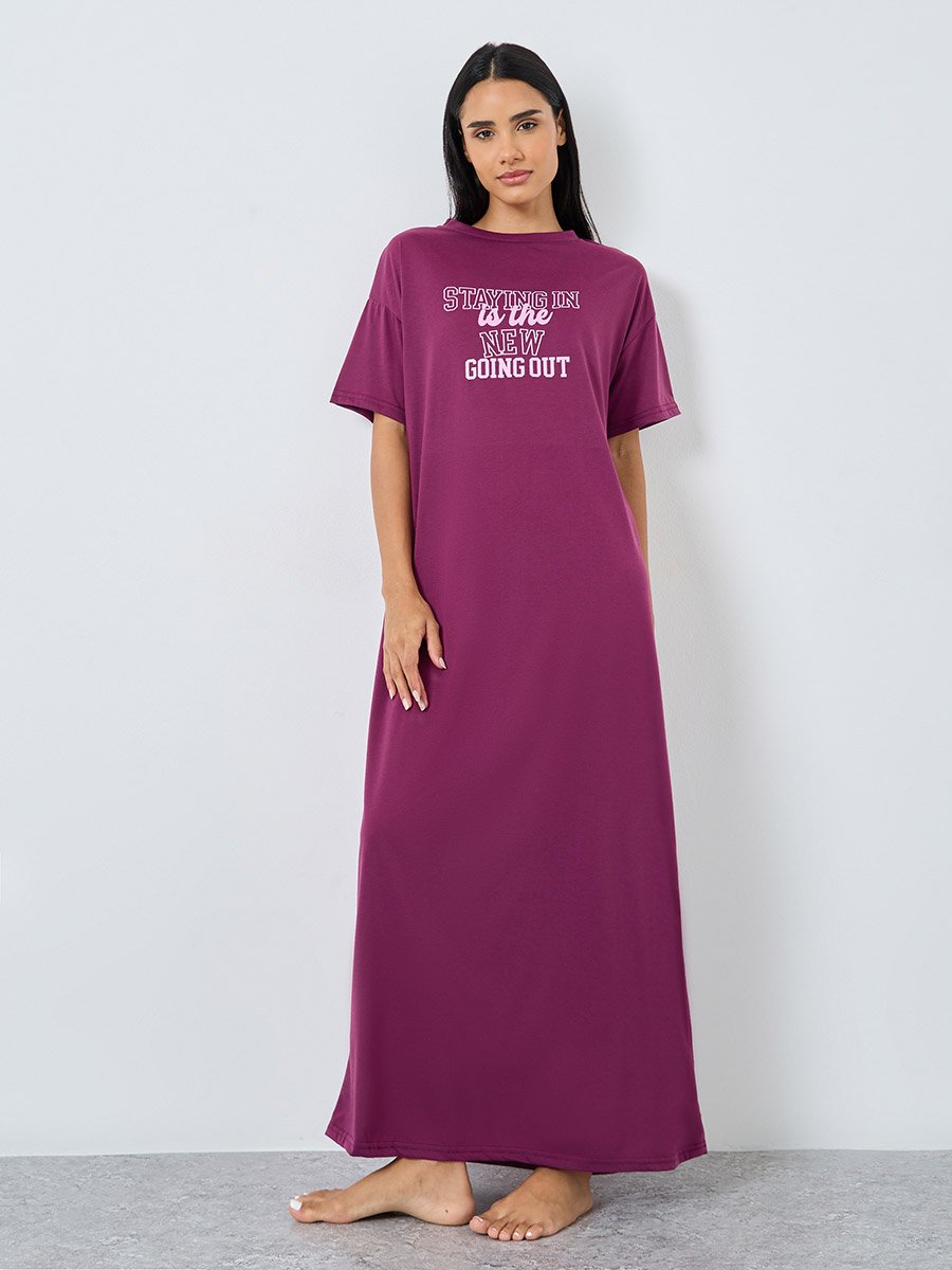 Slogan Print Dropped Shoulder Sleep T-Shirt Dress