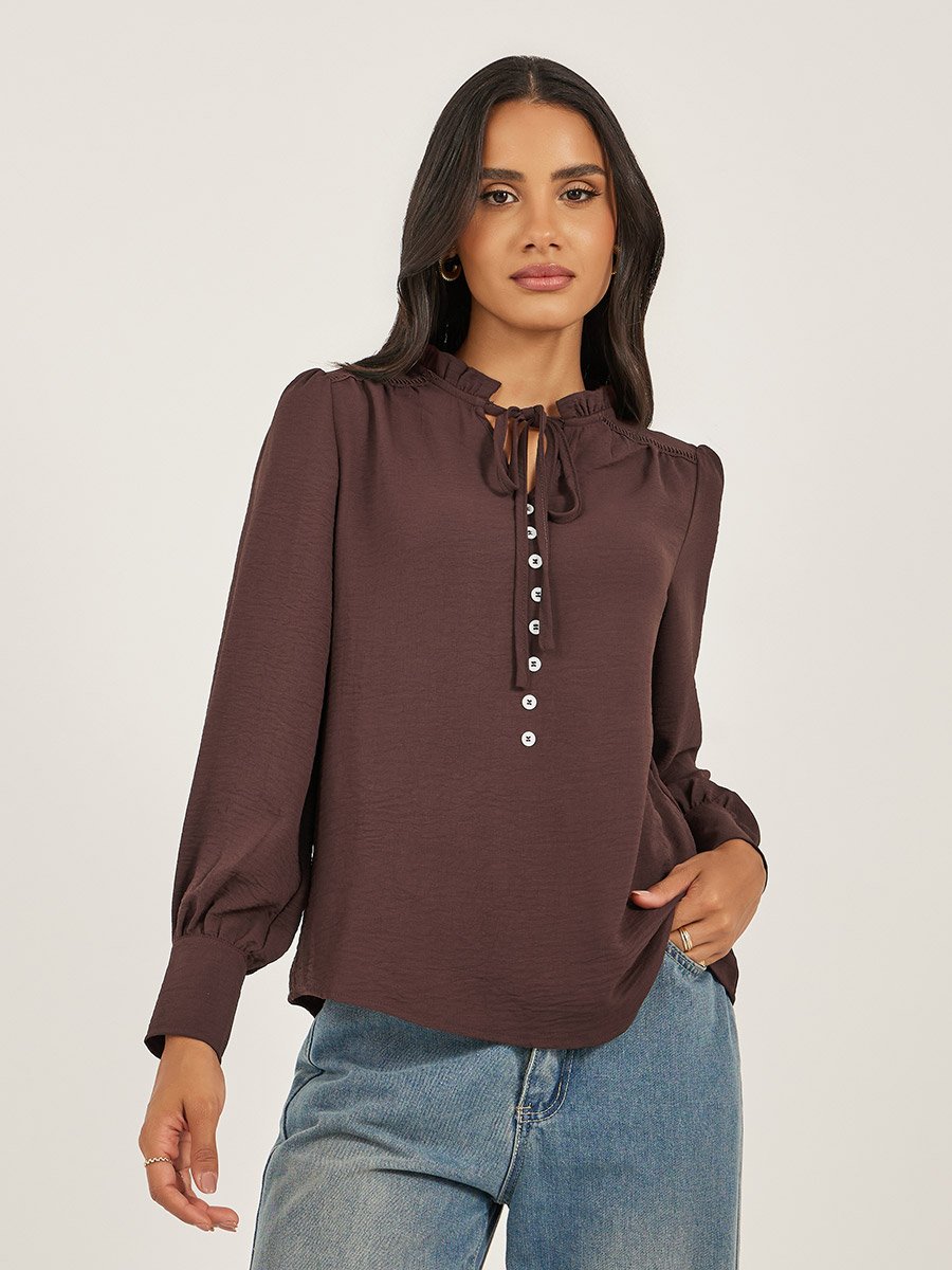 Ruffled Tie-Up Neck Balloon Sleeve Top