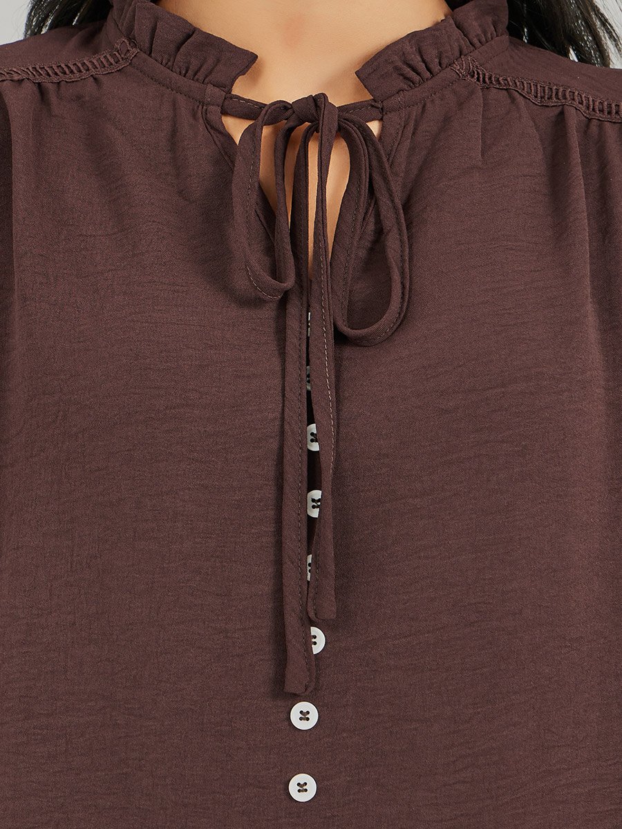 Ruffled Tie-Up Neck Balloon Sleeve Top