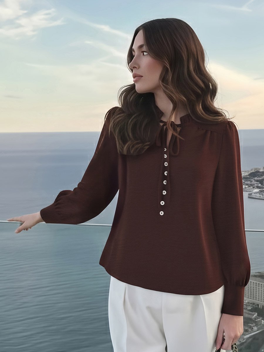 Ruffled Tie-Up Neck Balloon Sleeve Top