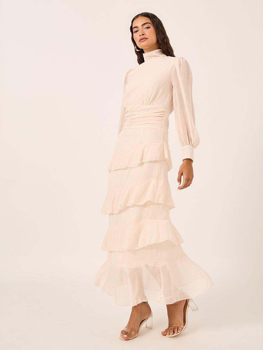 Puff Sleeves Ruffled Hem Tiered Maxi Dress
