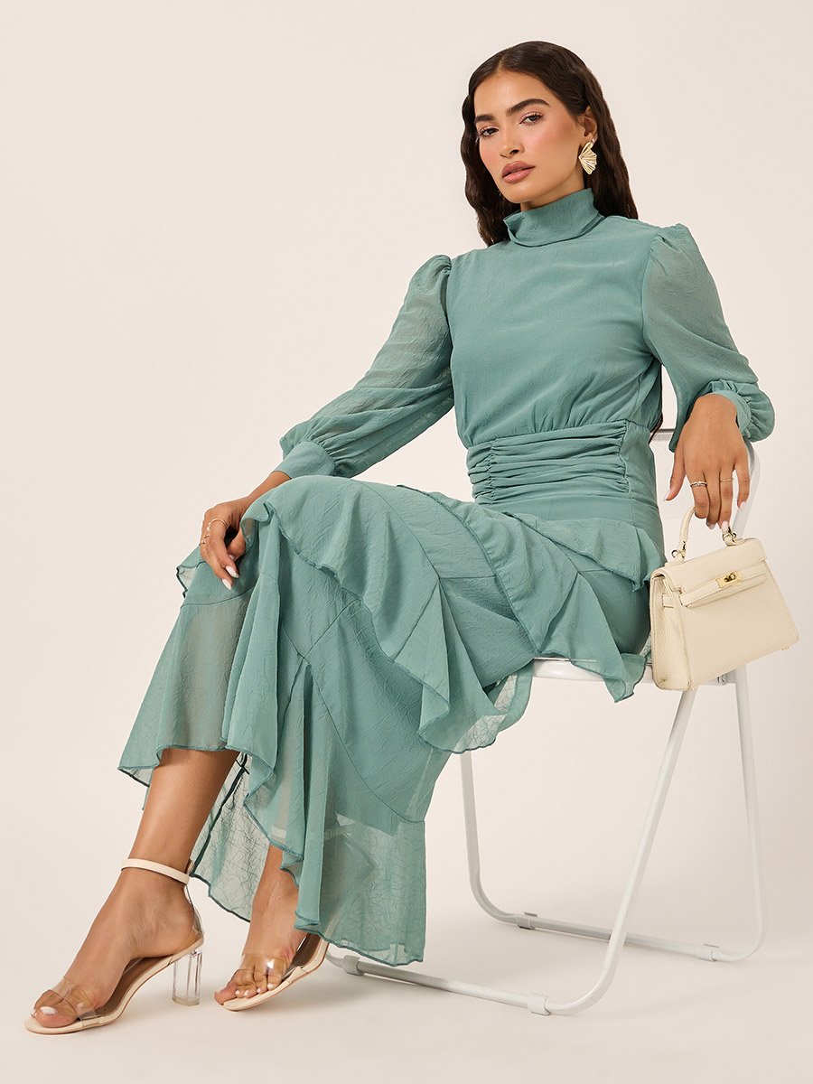 Puff Sleeves Ruffled Hem Tiered Maxi Dress