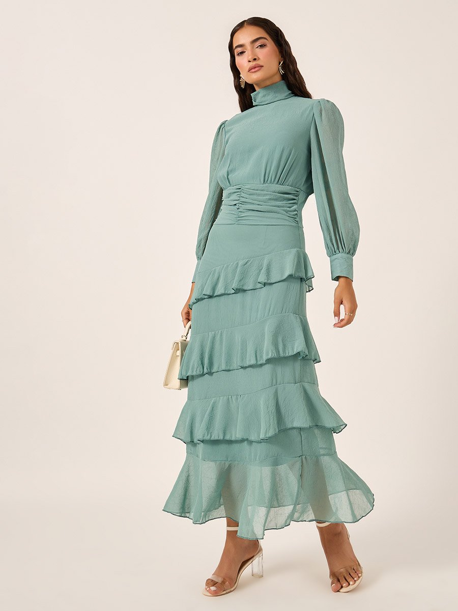 Puff Sleeves Ruffled Hem Tiered Maxi Dress