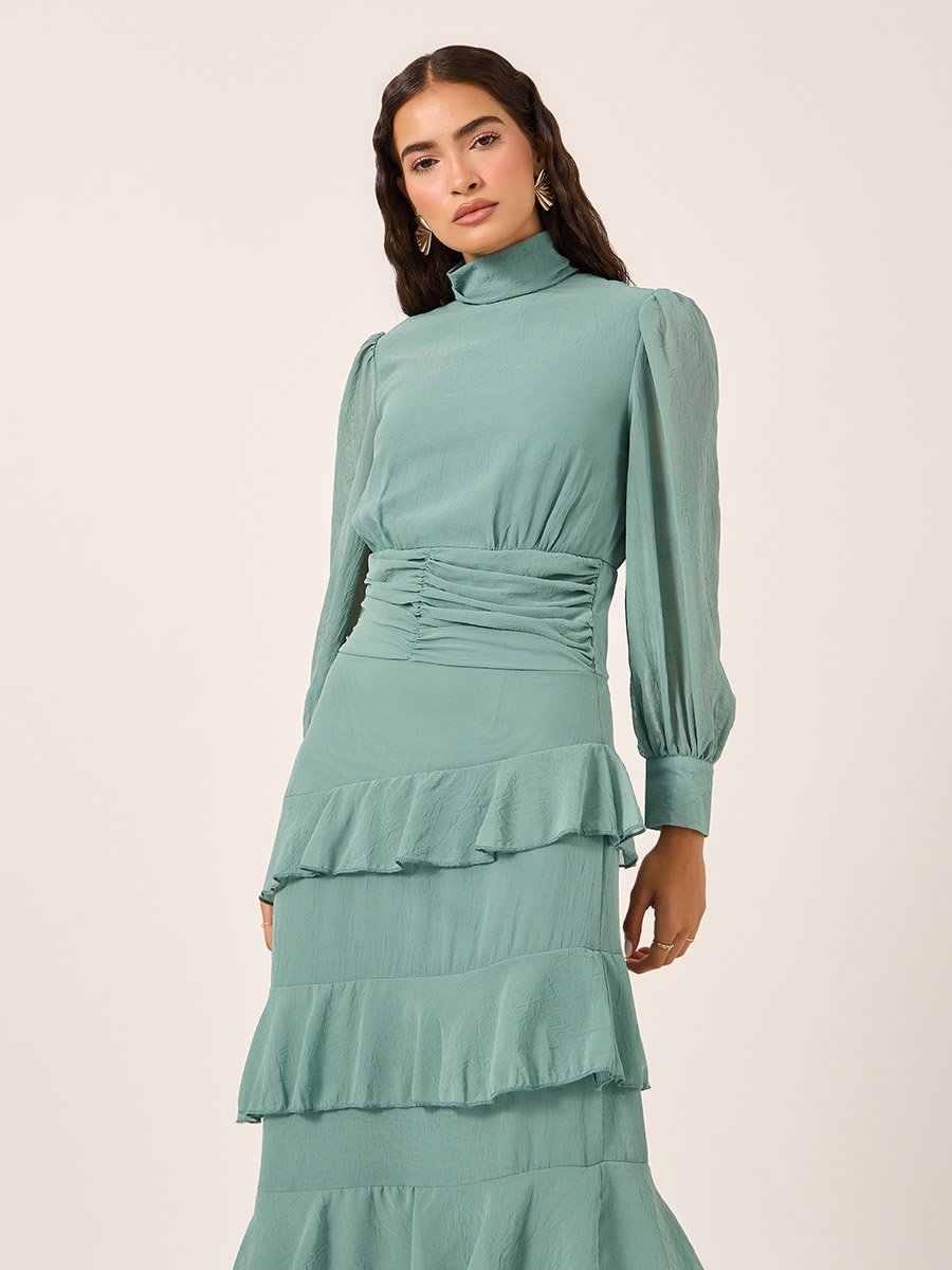 Puff Sleeves Ruffled Hem Tiered Maxi Dress