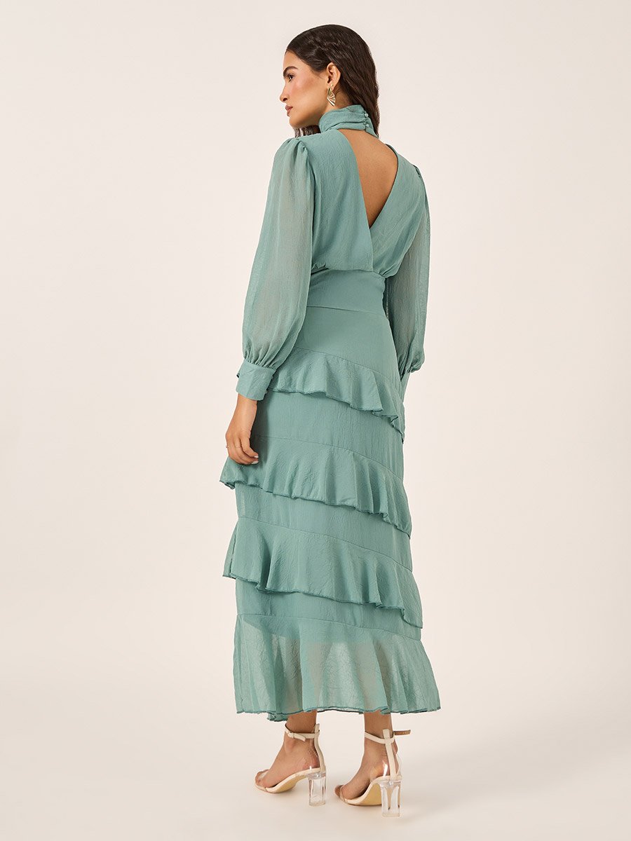 Puff Sleeves Ruffled Hem Tiered Maxi Dress