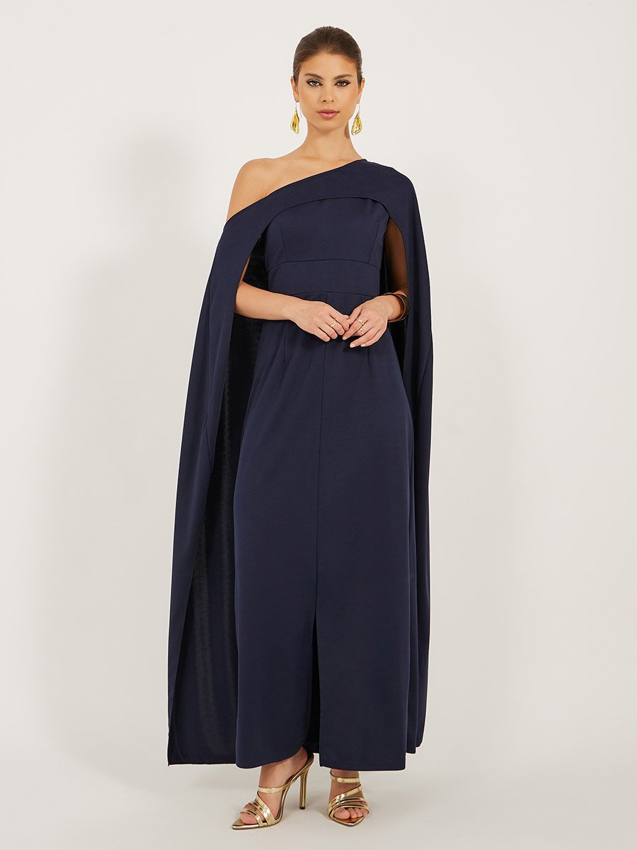 Solid One Shoulder Cape Sleeve Maxi Dress
