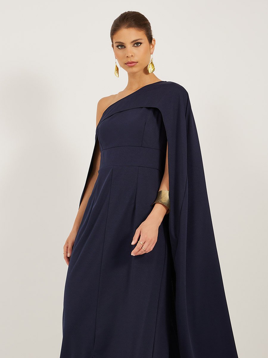 Solid One Shoulder Cape Sleeve Maxi Dress