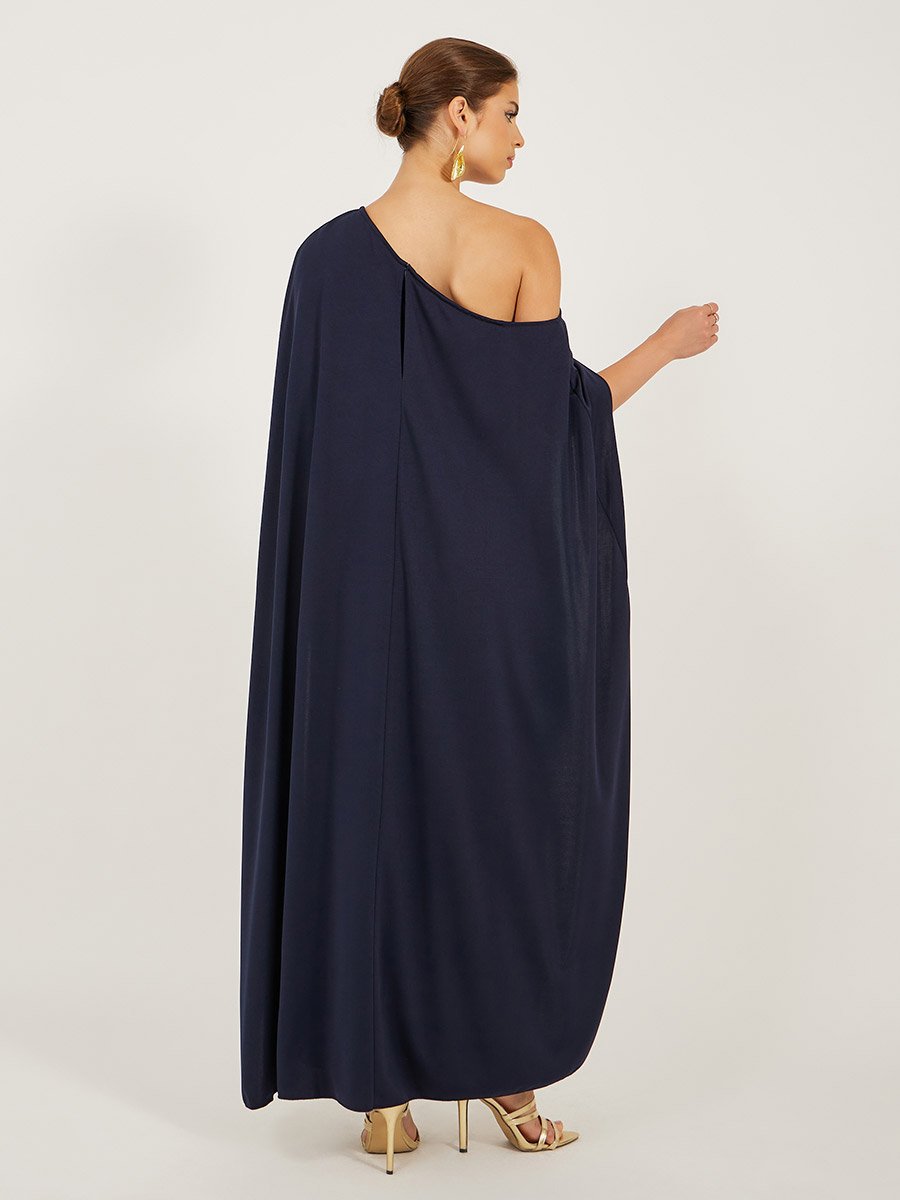 Solid One Shoulder Cape Sleeve Maxi Dress