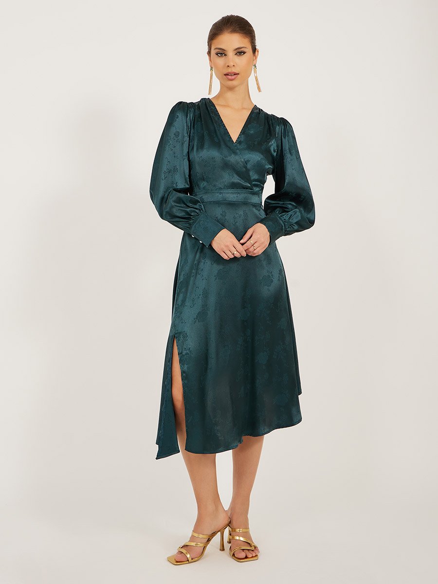 Textured Long Sleeves Pleated A-Line Midi Dress