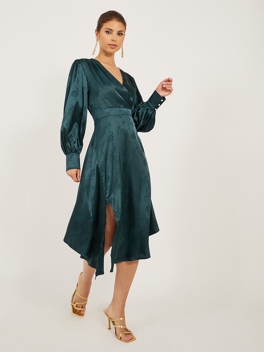 Textured Long Sleeves Pleated A-Line Midi Dress