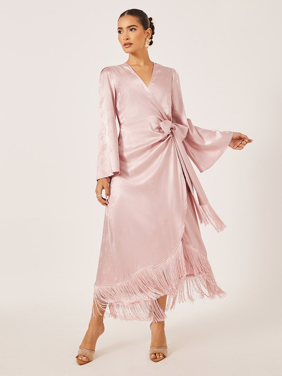 Satin Tassel Detail Long Sleeves Wrap Maxi Dress
