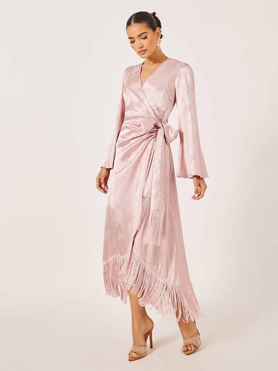 Satin Tassel Detail Long Sleeves Wrap Maxi Dress