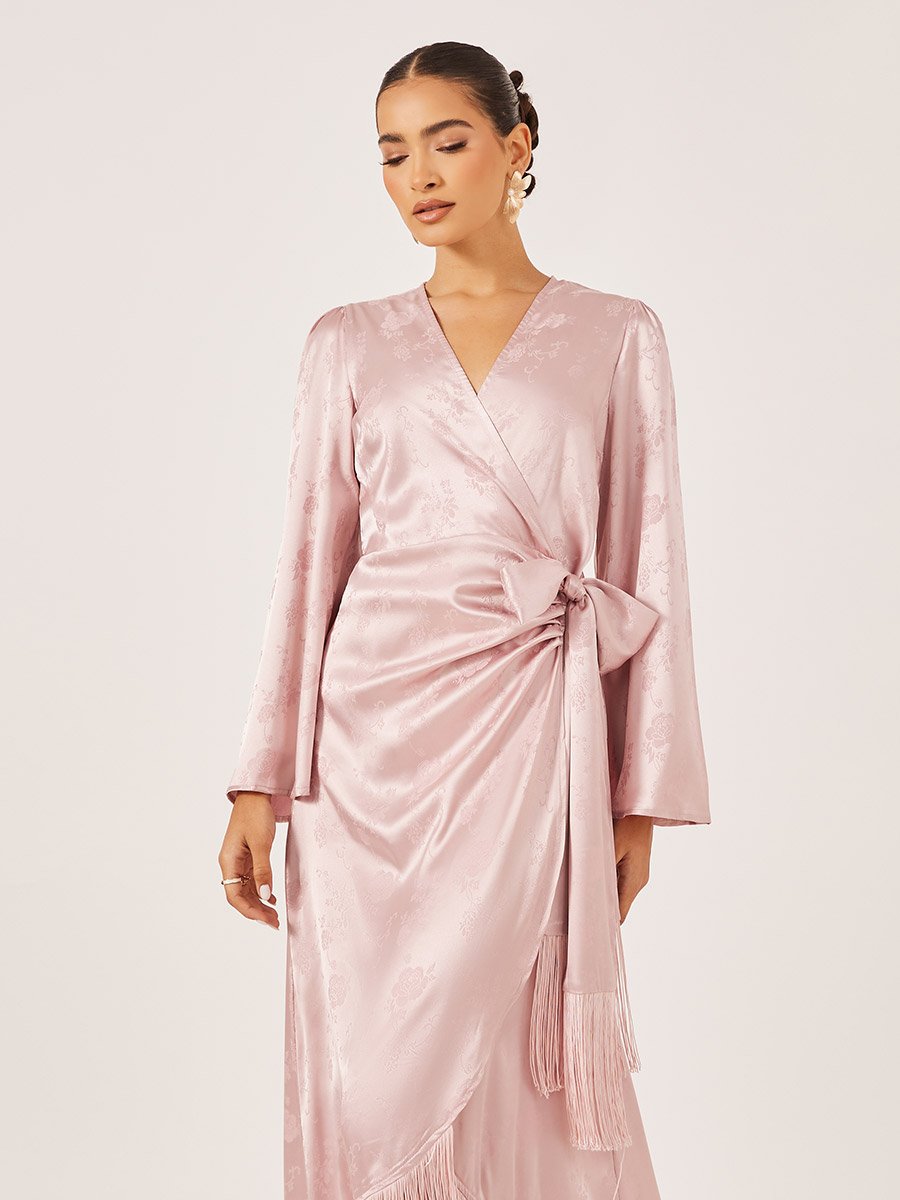 Satin Tassel Detail Long Sleeves Wrap Maxi Dress