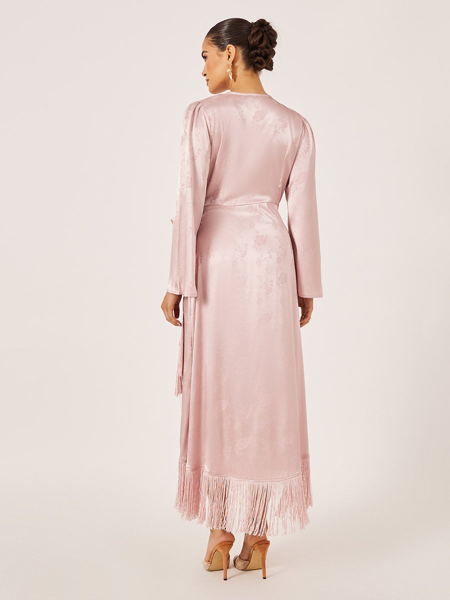 Satin Tassel Detail Long Sleeves Wrap Maxi Dress