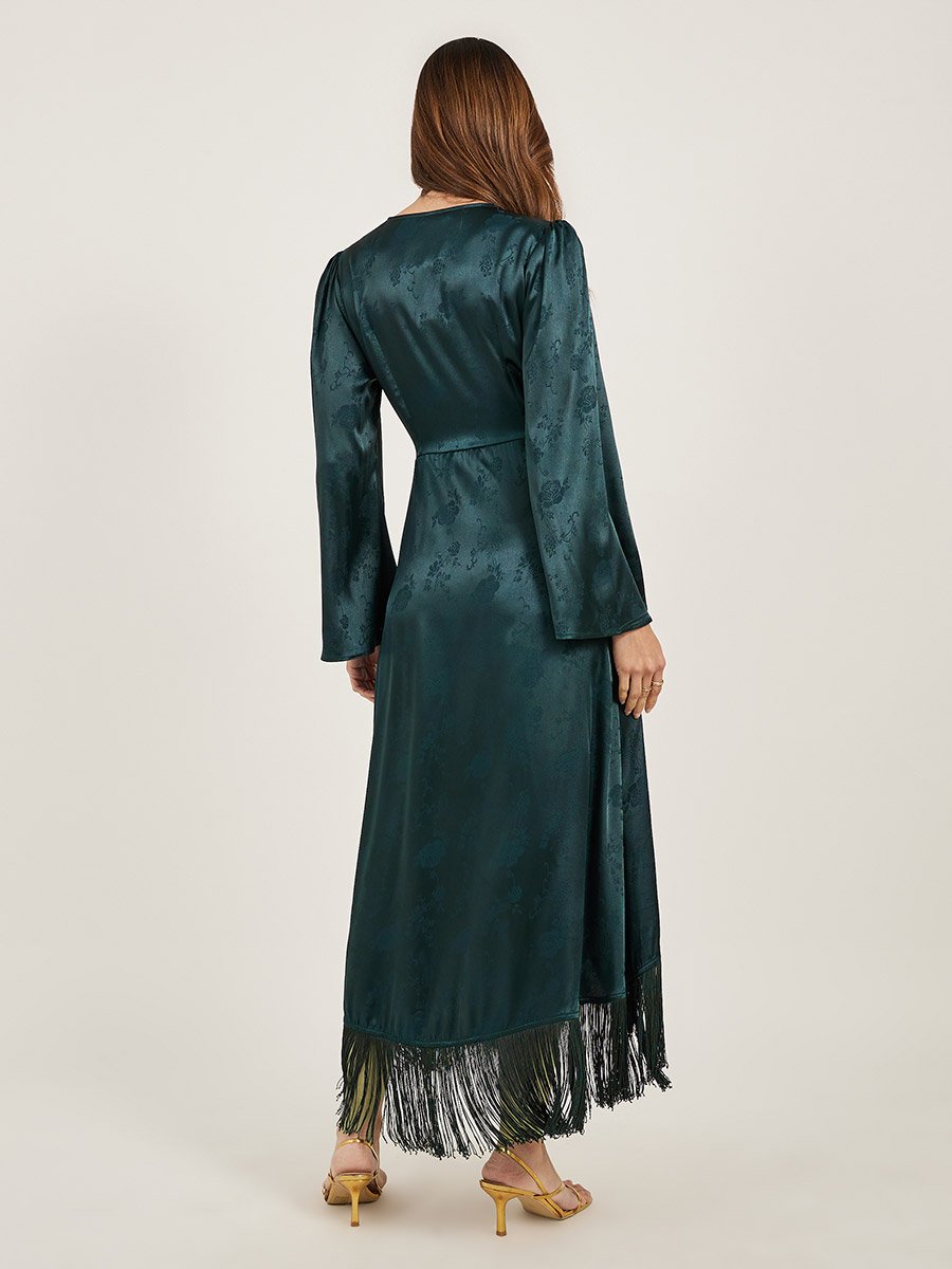 Satin Tassel Detail Long Sleeves Wrap Maxi Dress