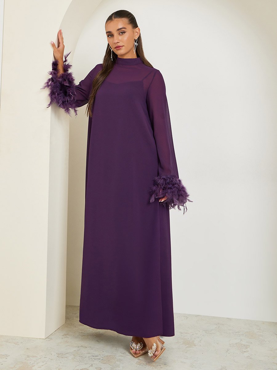 Plain Faux Feather Trim Shift Maxi Dress