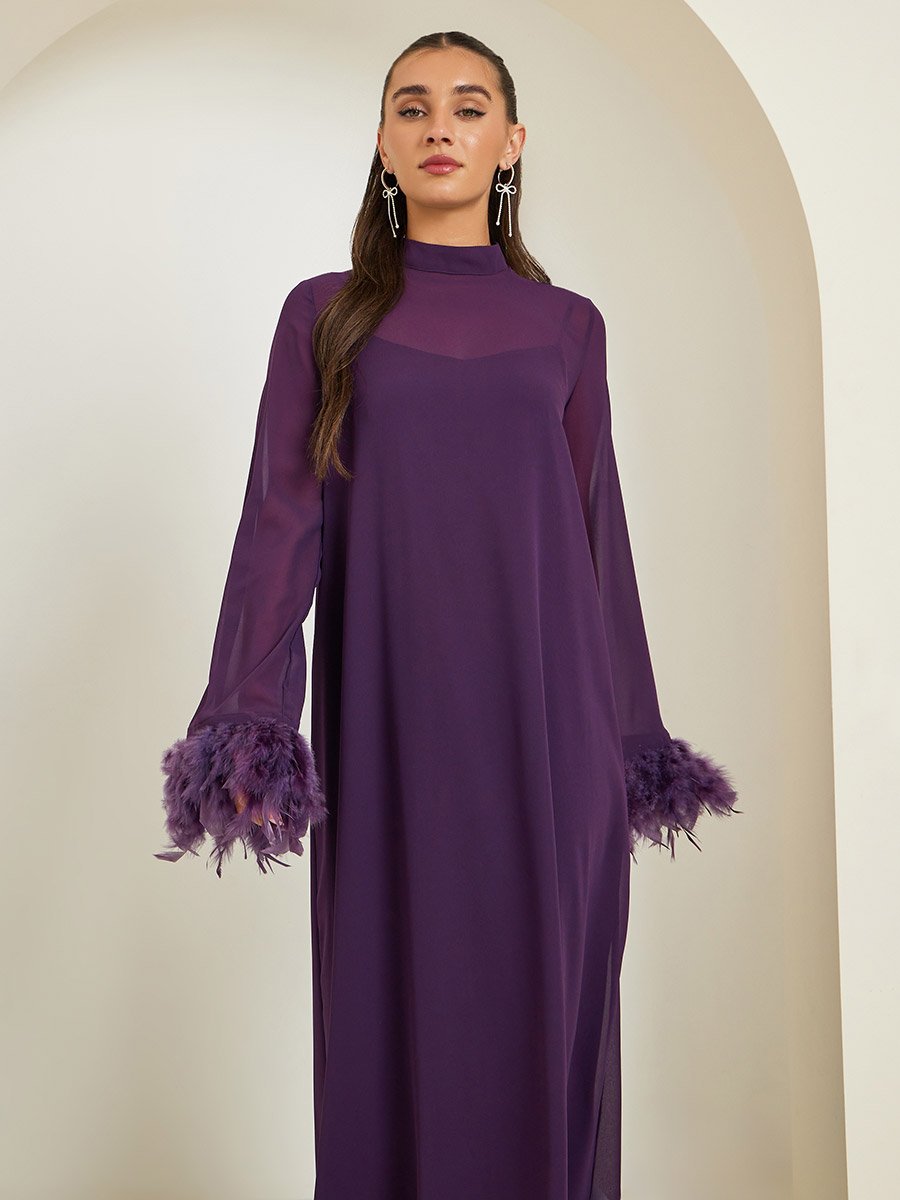Plain Faux Feather Trim Shift Maxi Dress