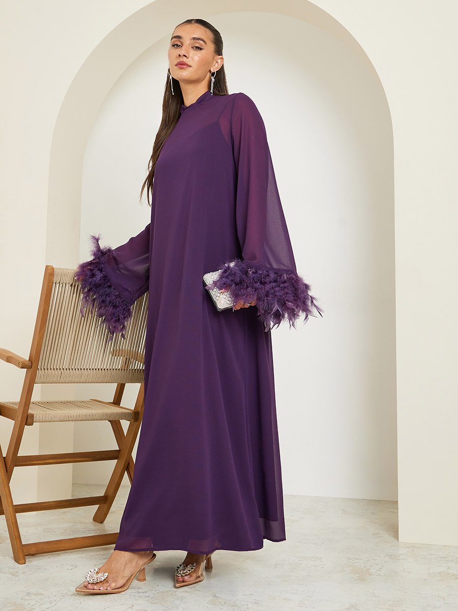 Plain Faux Feather Trim Shift Maxi Dress