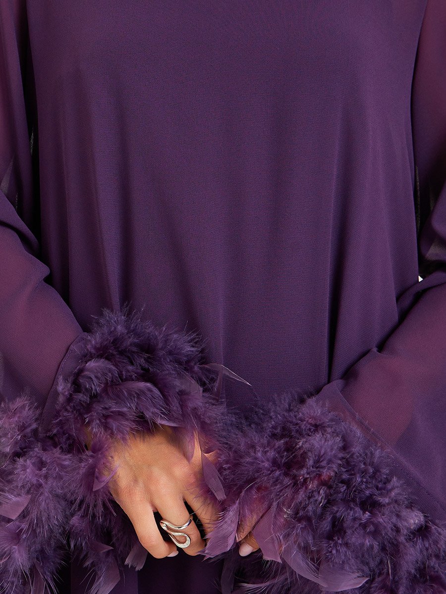 Plain Faux Feather Trim Shift Maxi Dress