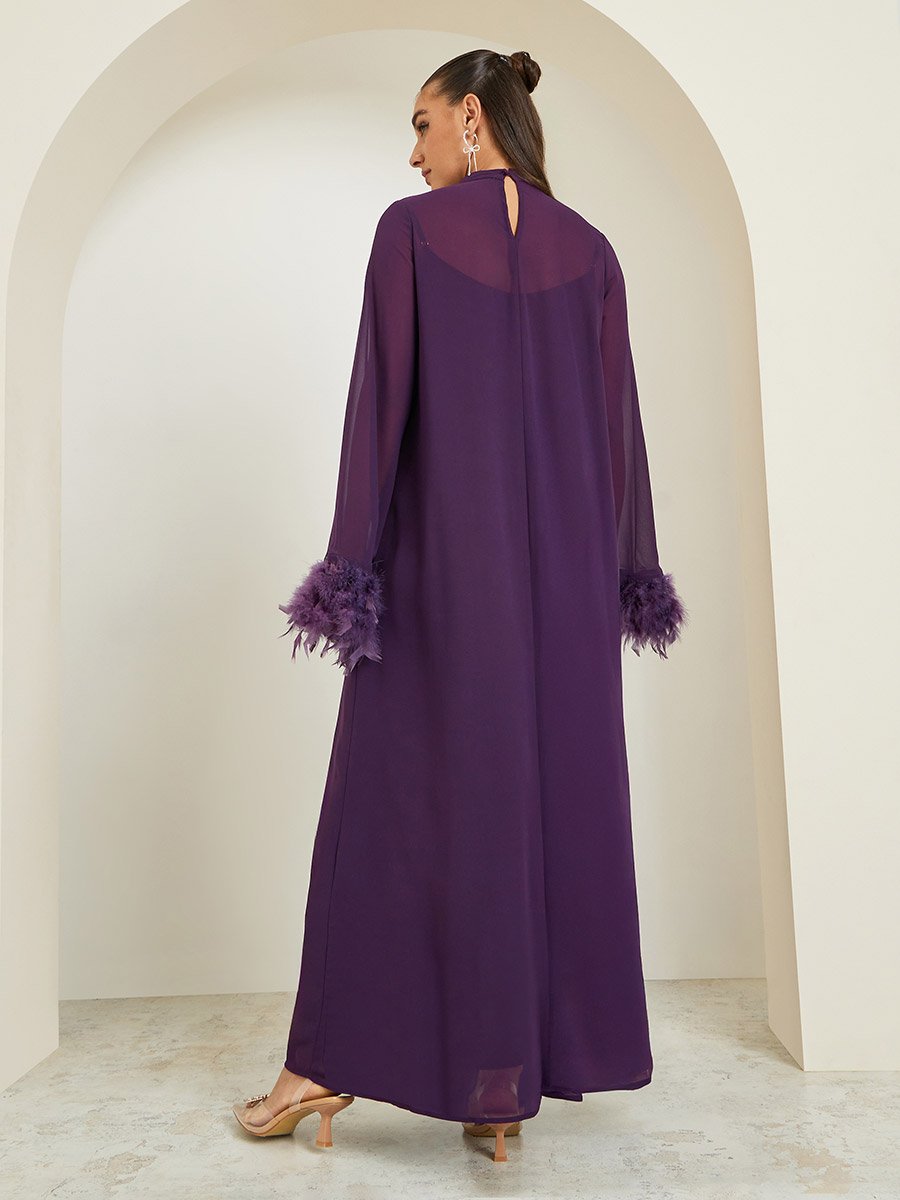 Plain Faux Feather Trim Shift Maxi Dress