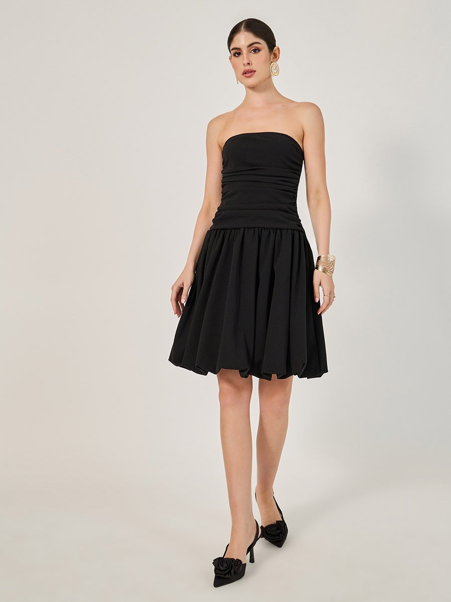 Plain Ruched Strapless A-Line Knee-Length Dress