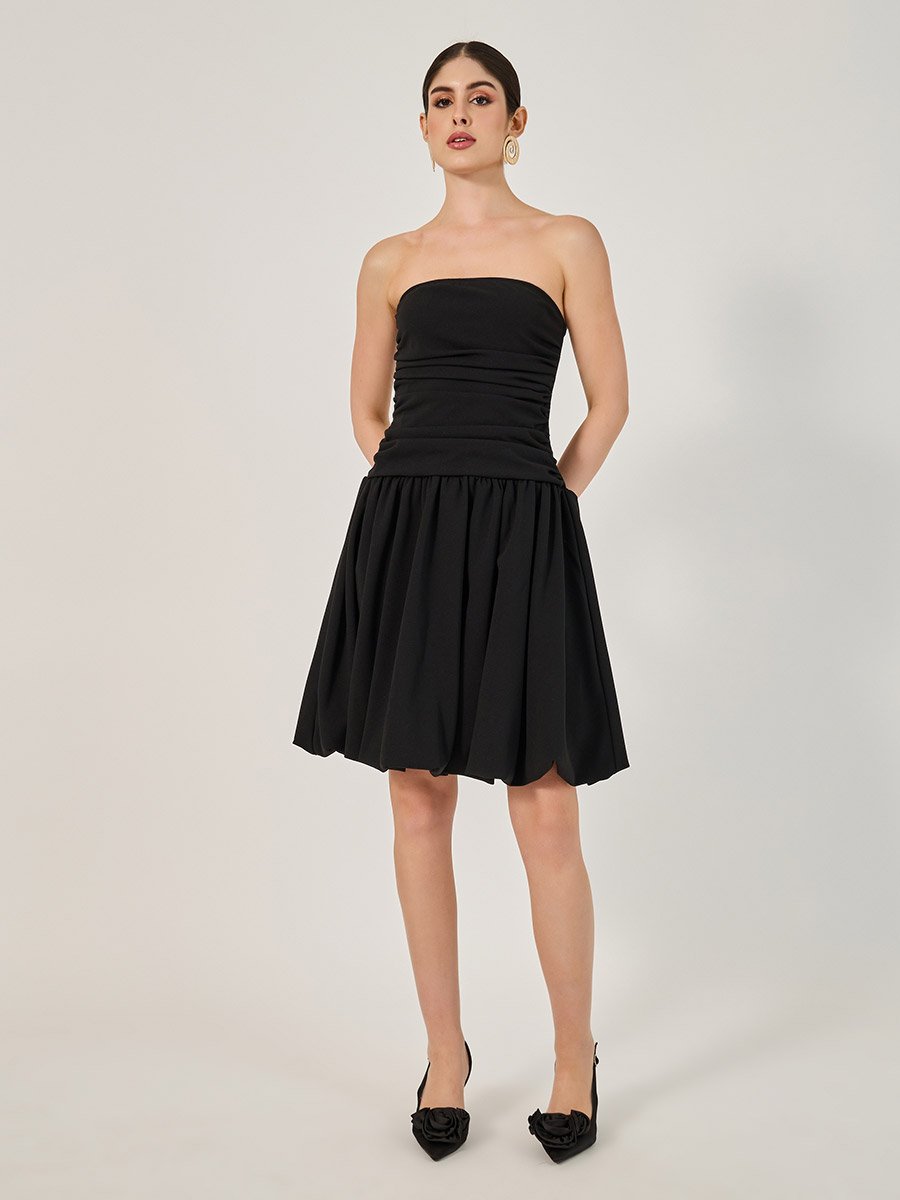 Plain Ruched Strapless A-Line Knee-Length Dress