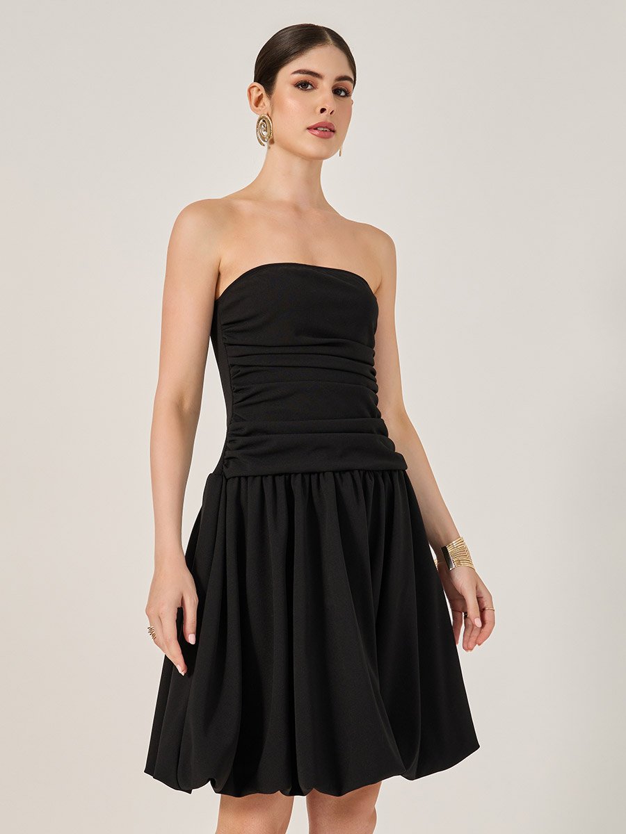 Plain Ruched Strapless A-Line Knee-Length Dress