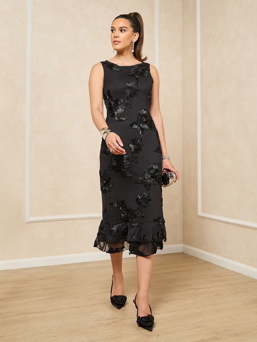 Floral Embroidered Sleeveless Sheath Midi Dress