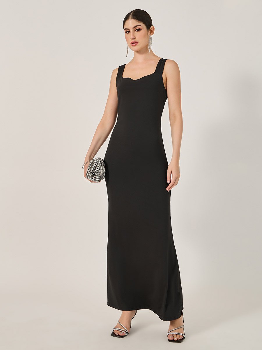 Plain Sleeveless Mermaid Maxi Dress with Bow Detail