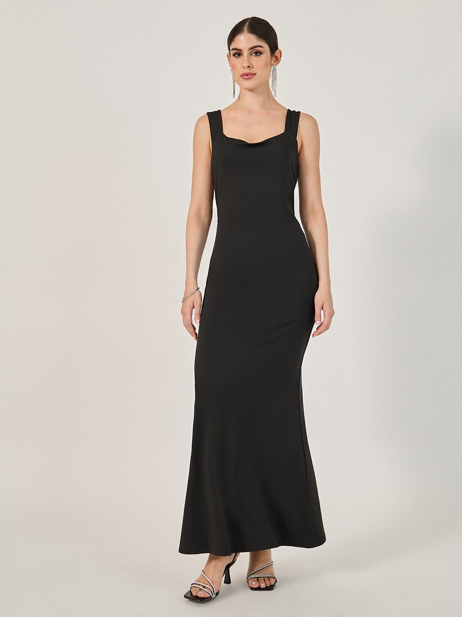 Plain Sleeveless Mermaid Maxi Dress with Bow Detail