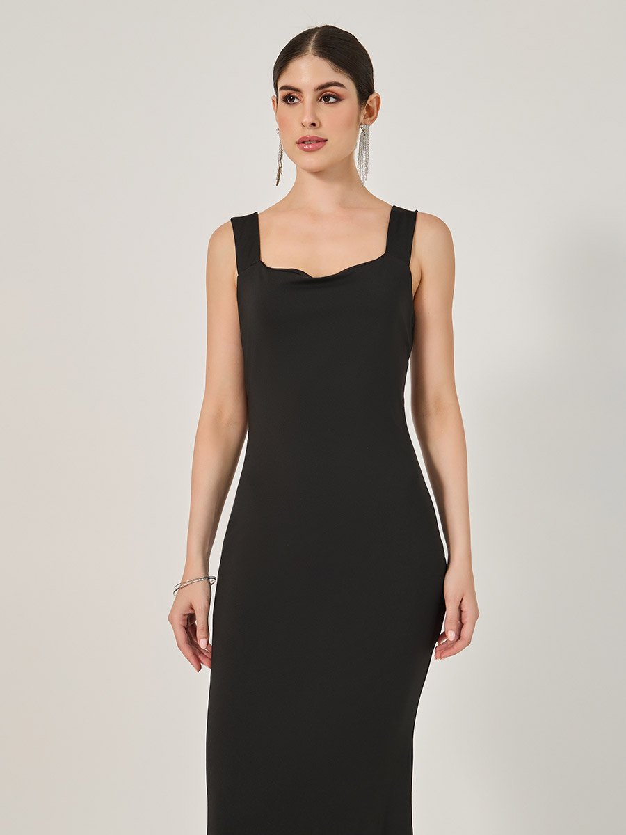 Plain Sleeveless Mermaid Maxi Dress with Bow Detail