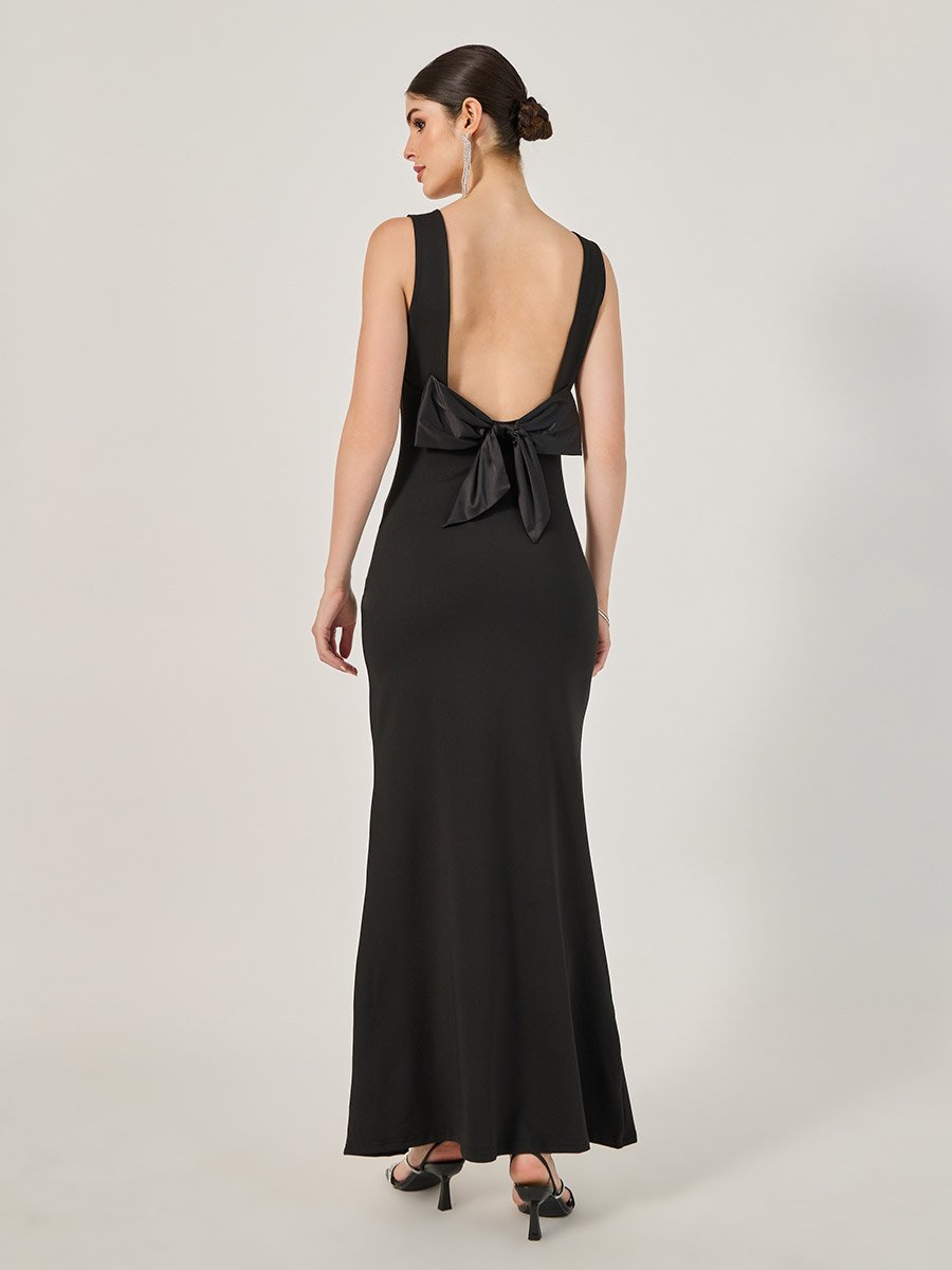 Plain Sleeveless Mermaid Maxi Dress with Bow Detail