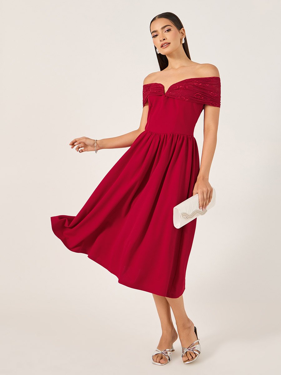 Solid Off Shoulder Neck A-Line Midi Dress