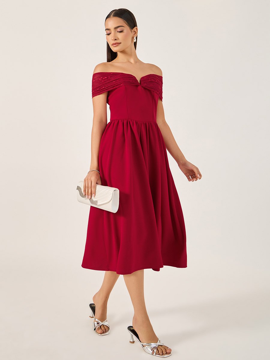 Solid Off Shoulder Neck A-Line Midi Dress