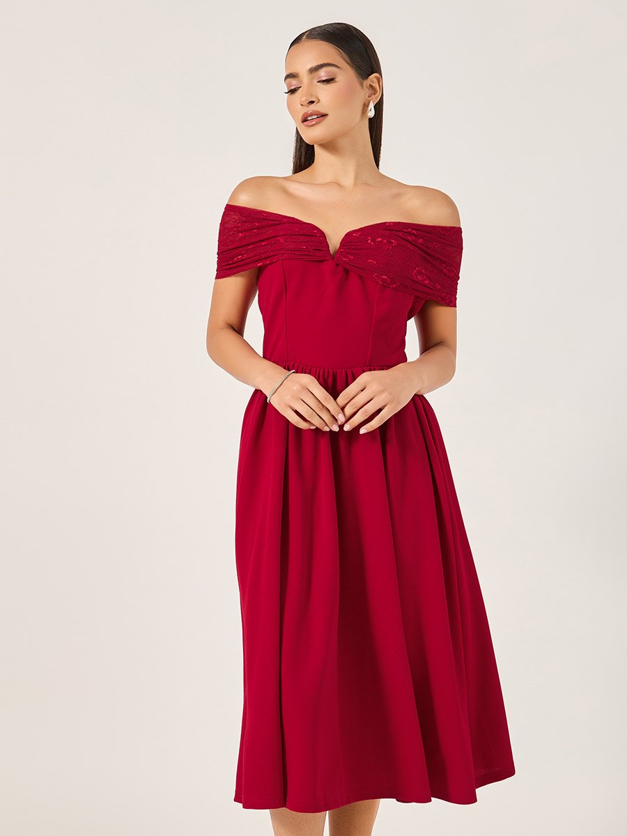 Solid Off Shoulder Neck A-Line Midi Dress