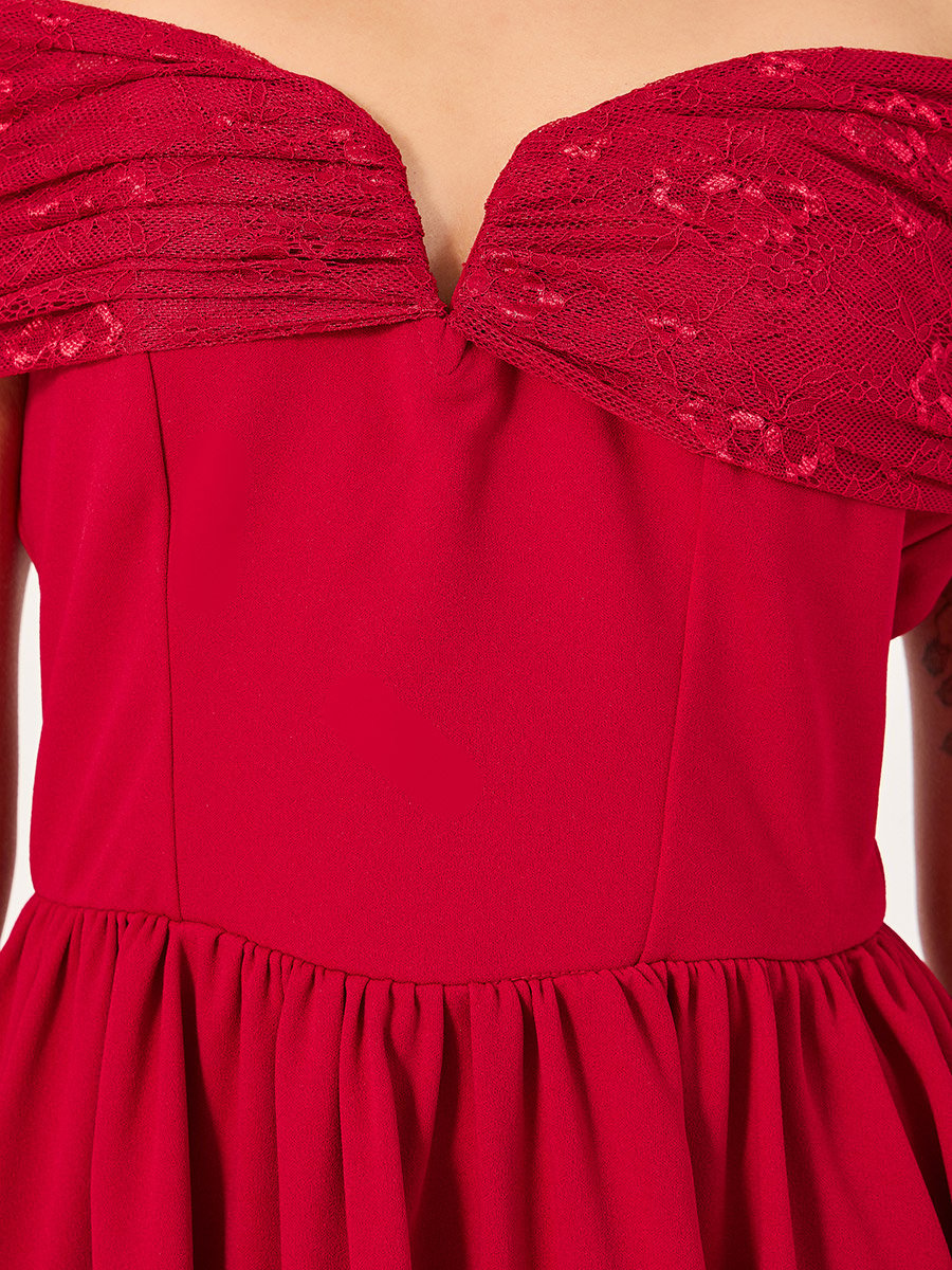 Solid Off Shoulder Neck A-Line Midi Dress