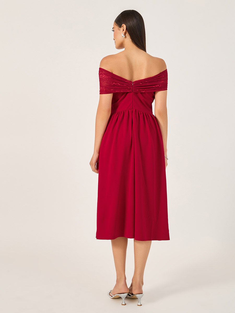 Solid Off Shoulder Neck A-Line Midi Dress