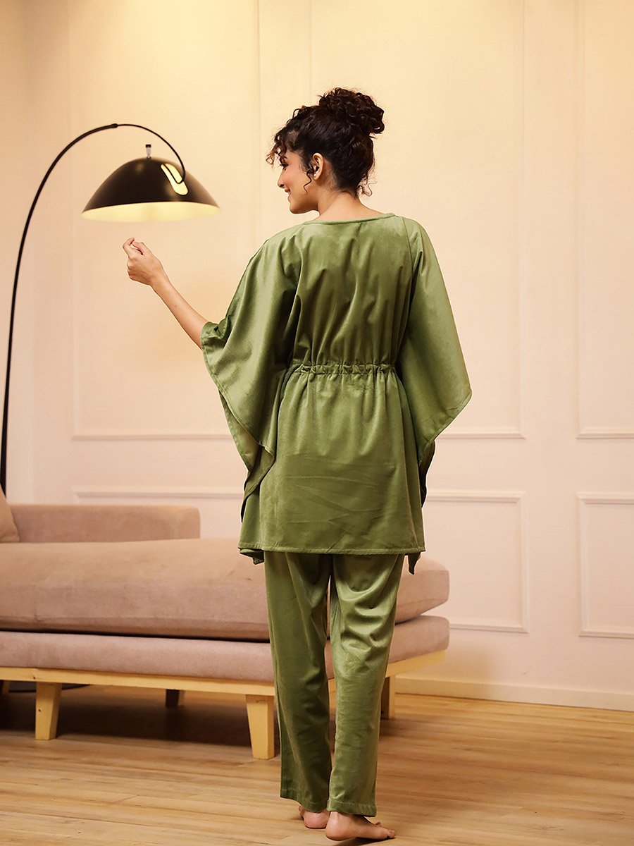 Velvet Look Drawstring Kaftan Top and Pyjama Set