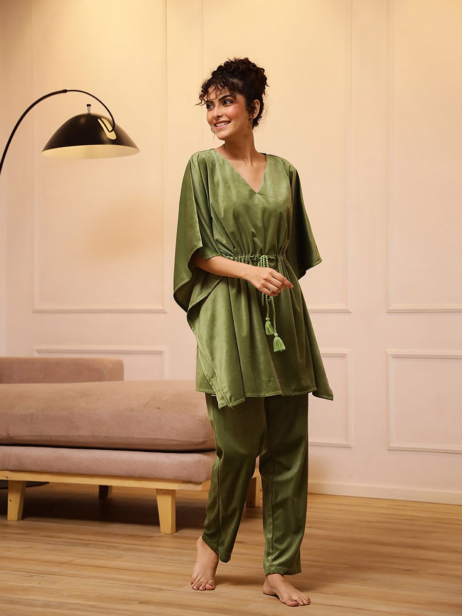 Velvet Look Drawstring Kaftan Top and Pyjama Set