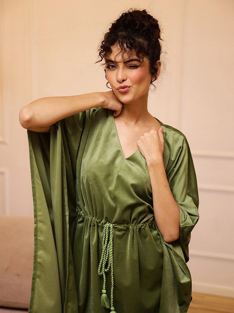 Velvet Look Drawstring Kaftan Top and Pyjama Set