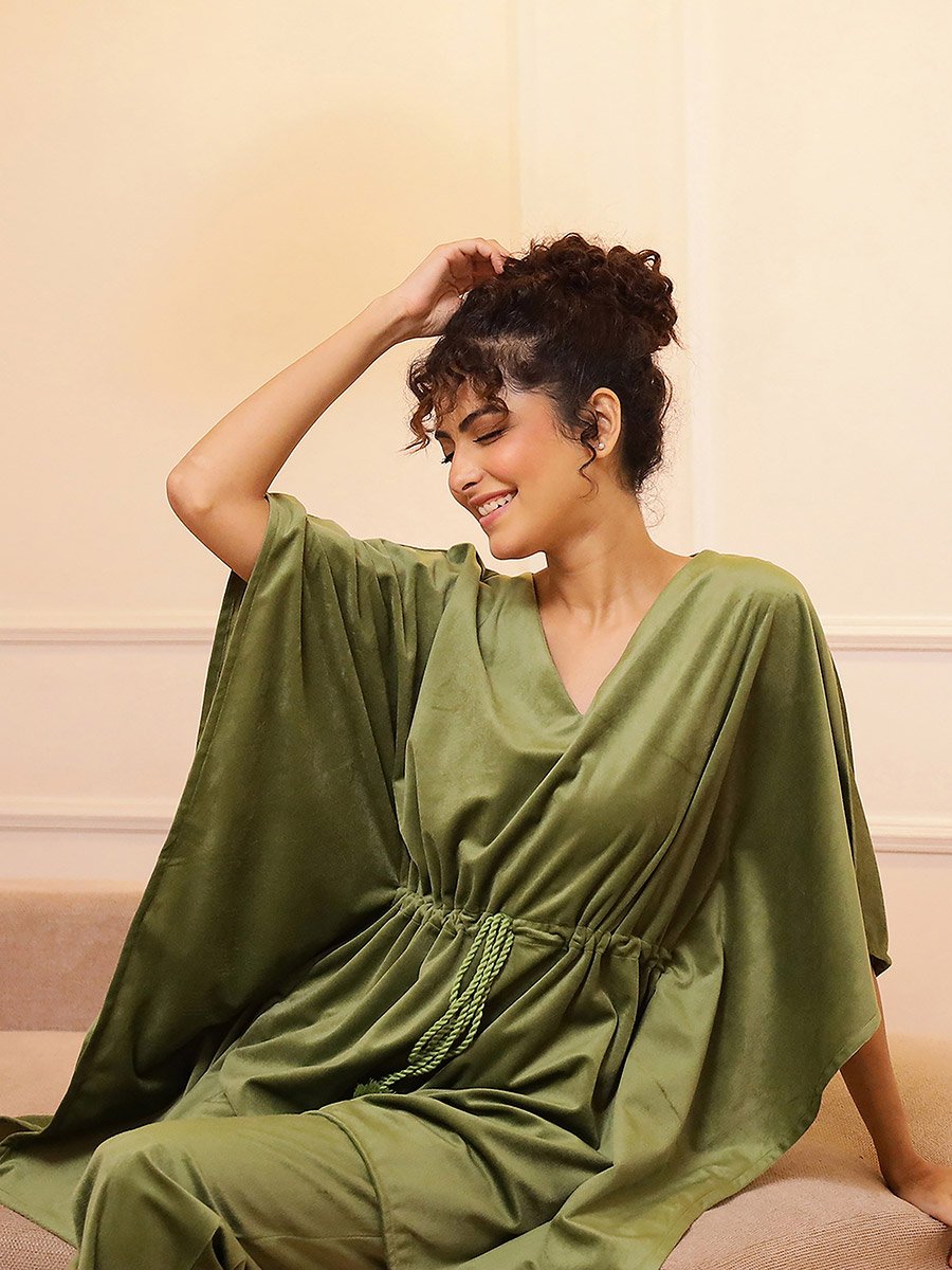 Velvet Look Drawstring Kaftan Top and Pyjama Set