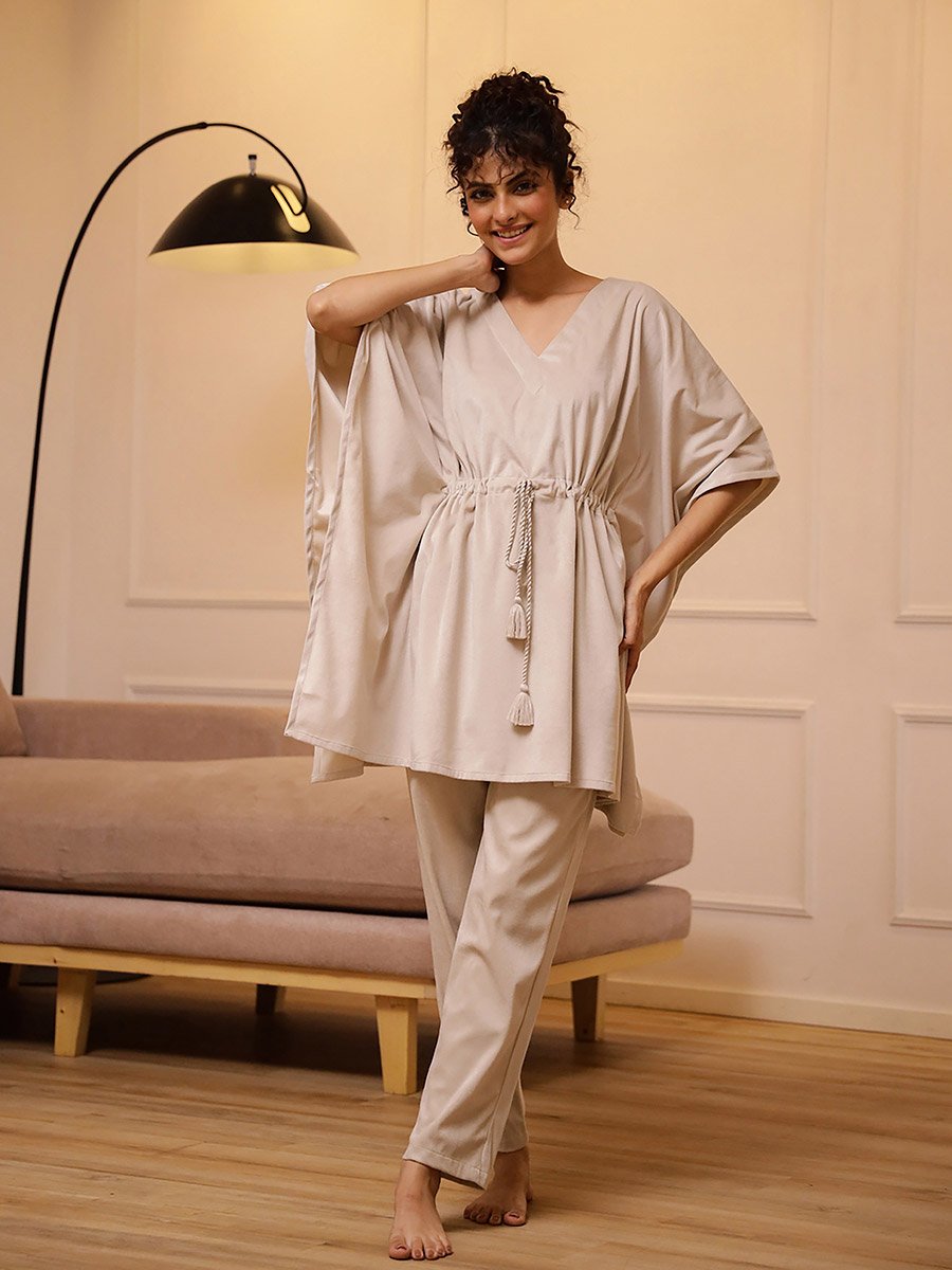 Velvet Look Drawstring Kaftan Top and Pyjama Set
