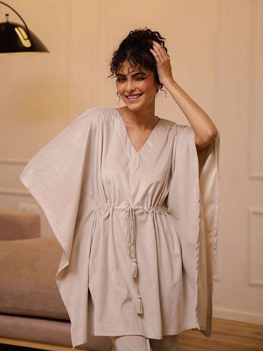 Velvet Look Drawstring Kaftan Top and Pyjama Set