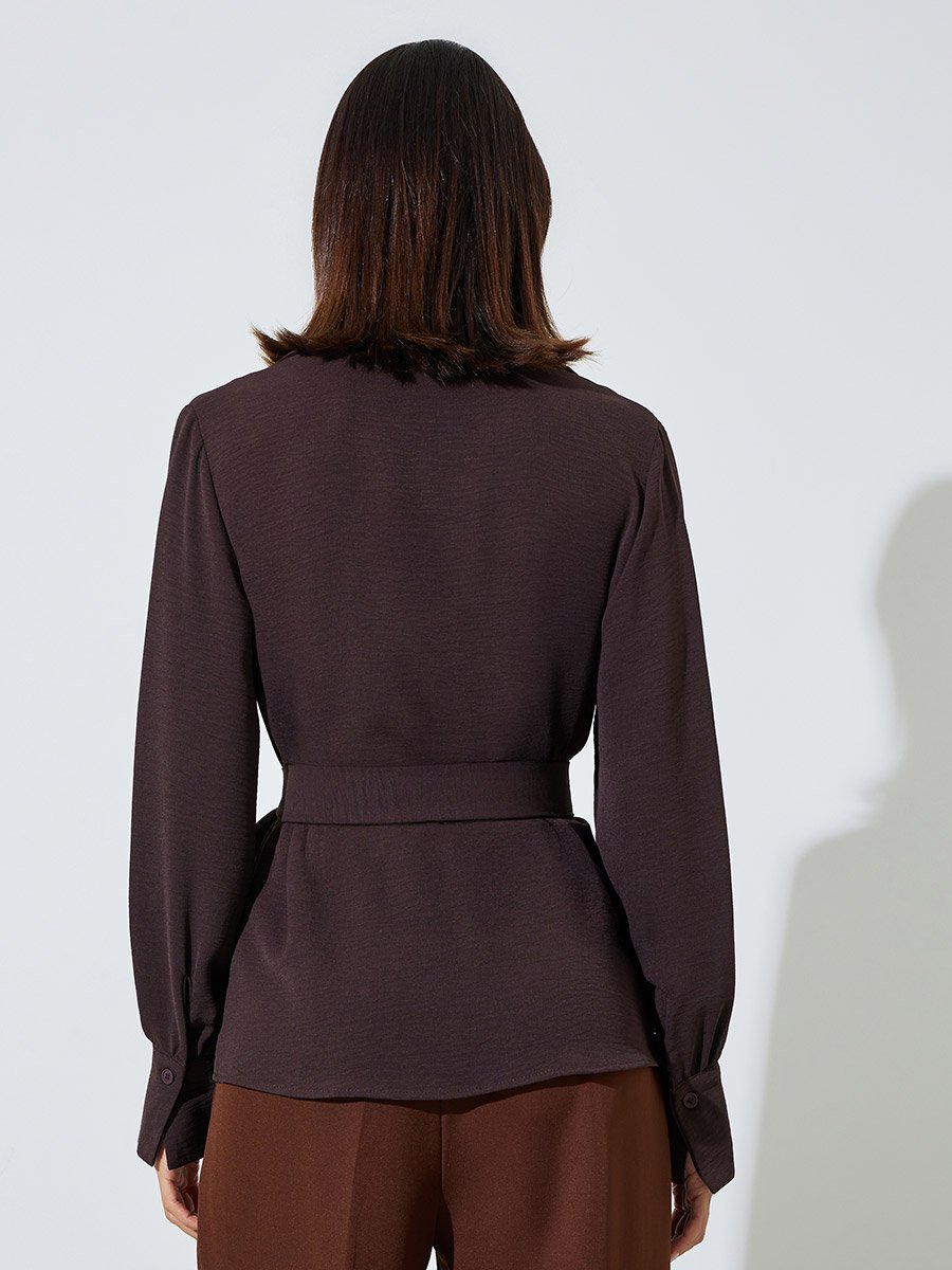 Brown Textured Long Sleeves Belted Wrap Top