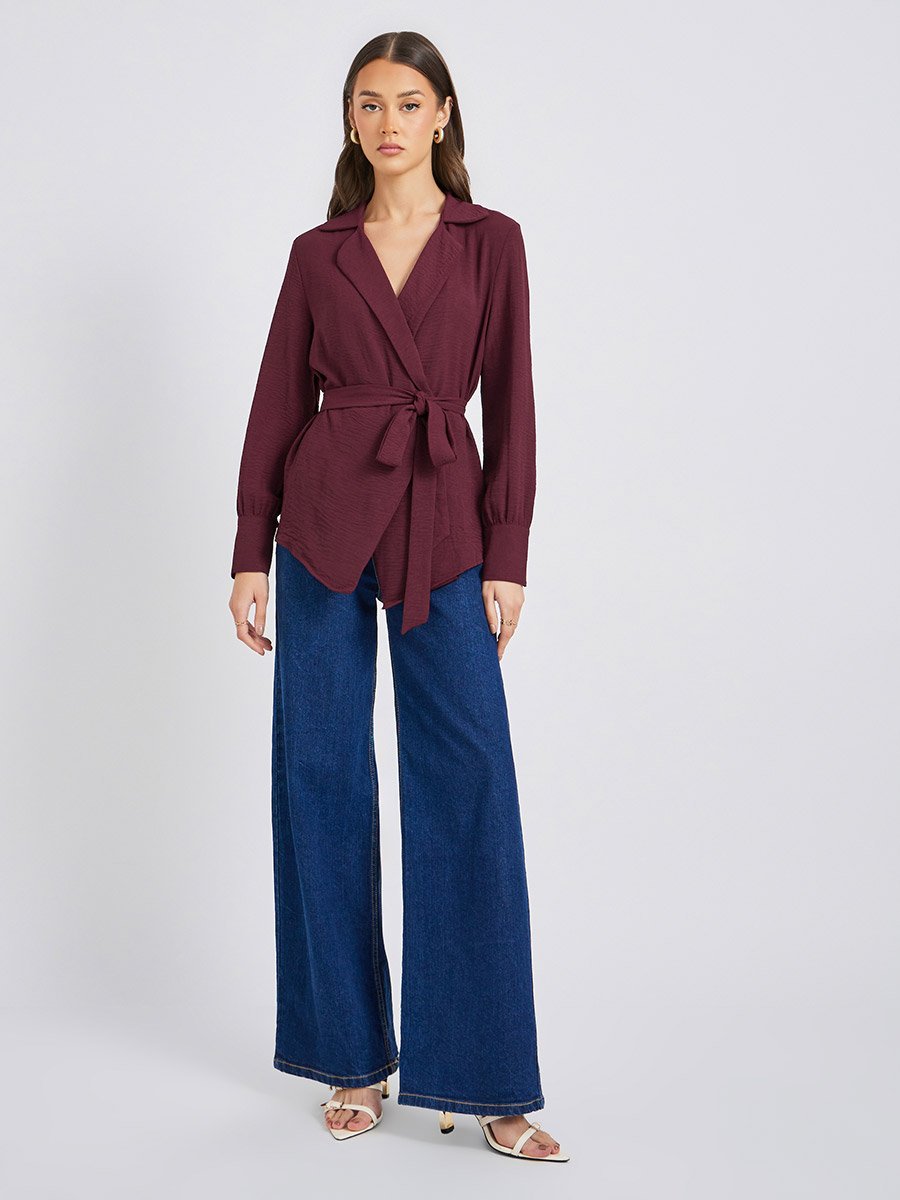 Burgundy Solid Wrap Belted Blouse