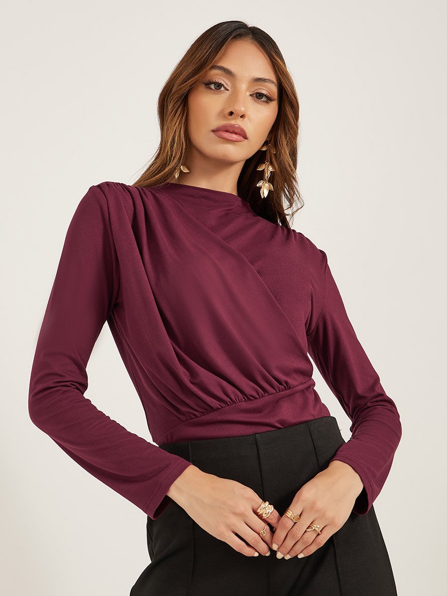 Solid Boat Neck Pleated Knit Top