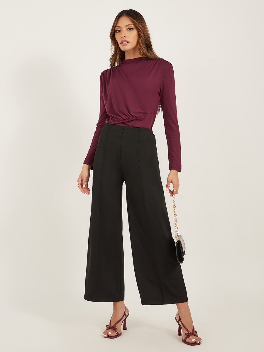 Solid Boat Neck Pleated Knit Top