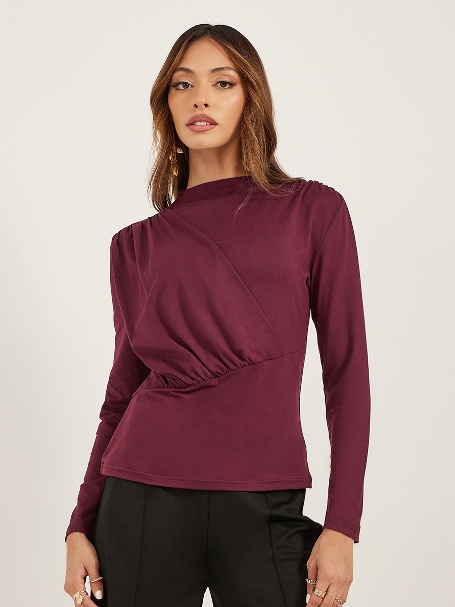 Solid Boat Neck Pleated Knit Top
