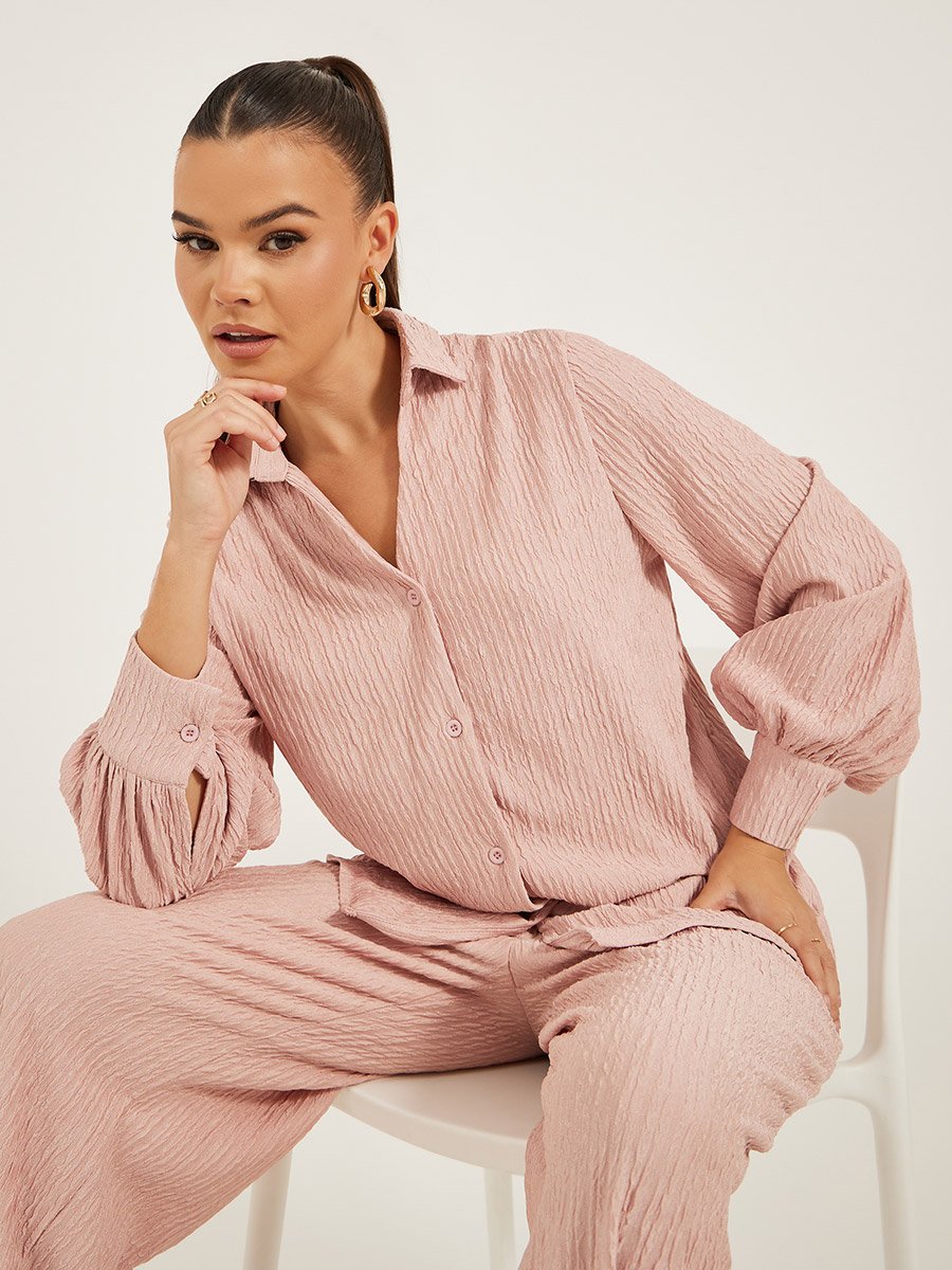 Textured Balloon Sleeve Spread Collar Shirt